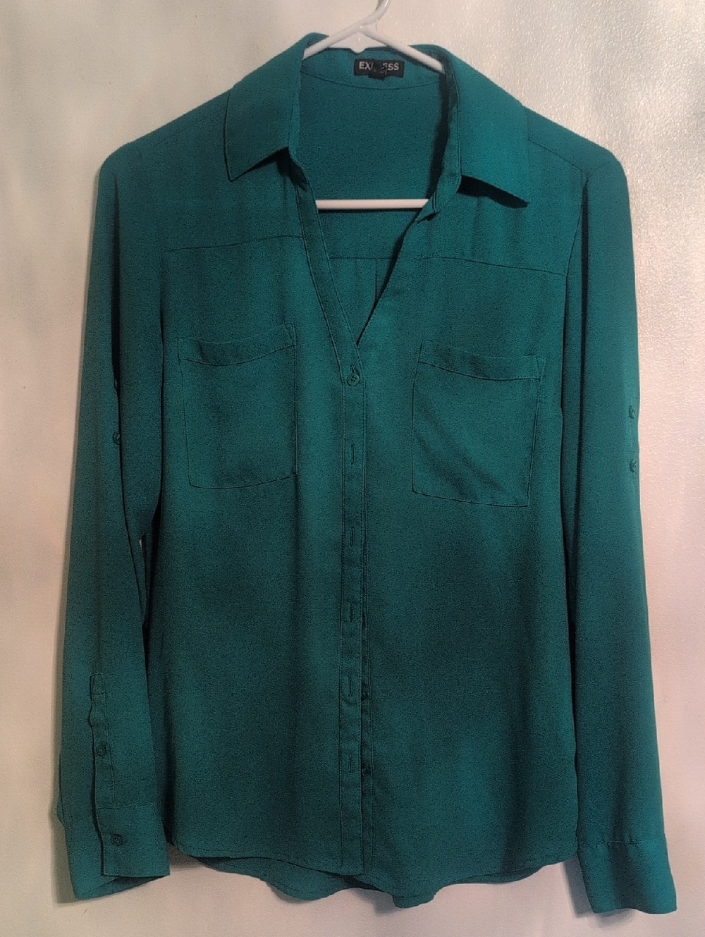 Express Teal-Green Button-Down Blouse - Long Sleeve Women's Top